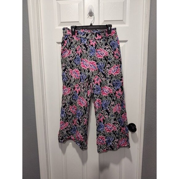 Loft Pants Womens Medium Black Pink Fluid Wide Leg Floral Spring Bloom Pockets - Picture 3 of 7